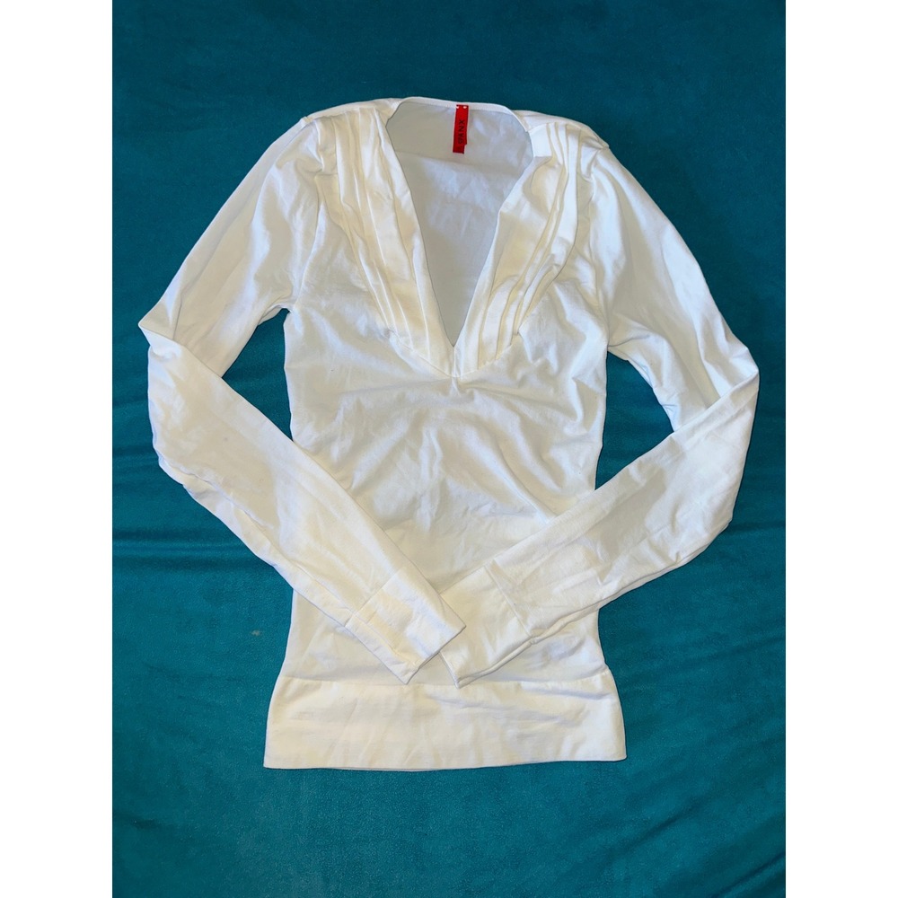 Spanx White Long Sleeve Top Blouse V-Neck Pleated Career Casual Size‎ Unknown